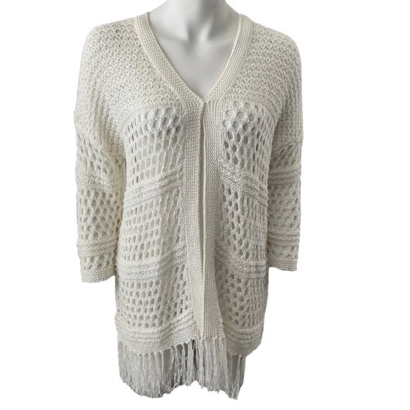 Premise Fringed Open Front Sweater Size L Ivory 3/4 Sleeve - Picture 1 of 10